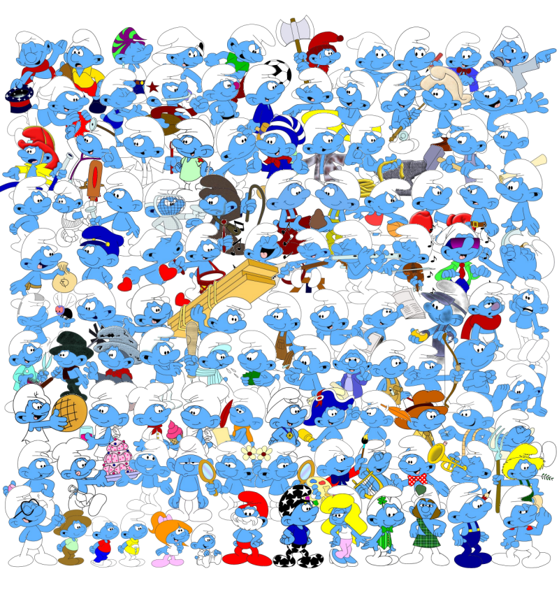 A picture of all the Smurfs in the
          village