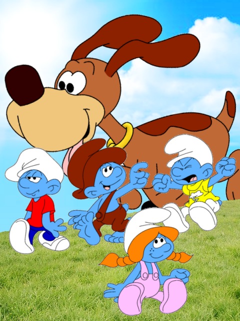 Puppy and the Smurflings walking together