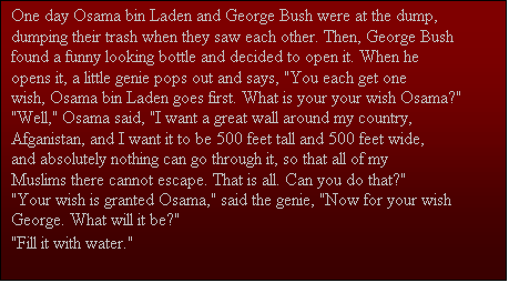 Text Box: One day Osama bin Laden and George Bush were at the dump,
dumping their trash when they saw each other. Then, George Bush
found a funny looking bottle and decided to open it. When he
opens it, a little genie pops out and says, "You each get one
wish, Osama bin Laden goes first. What is your your wish Osama?"
"Well," Osama said, "I want a great wall around my country,
Afganistan, and I want it to be 500 feet tall and 500 feet wide,
and absolutely nothing can go through it, so that all of my
Muslims there cannot escape. That is all. Can you do that?"
"Your wish is granted Osama," said the genie, "Now for your wish
George. What will it be?"
"Fill it with water."
