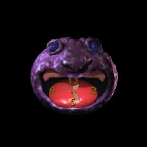 Freak - funny monsters clock screensaver - FREE - from Clock Domain.com - 3D animated  - shows you the time using a funny, froggy monster face.  He may try to eat the clock face, but this clock will never stop running.