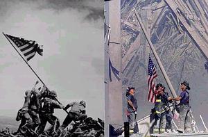 God Bless America 
 - image of firefighters 
   raising the USA 
   flag at Ground Zero.