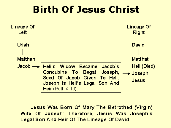 Birth Of Jesus ... Jacob gave seed to Heli via Heli's widow.  Josheph is the legal son of Heli.