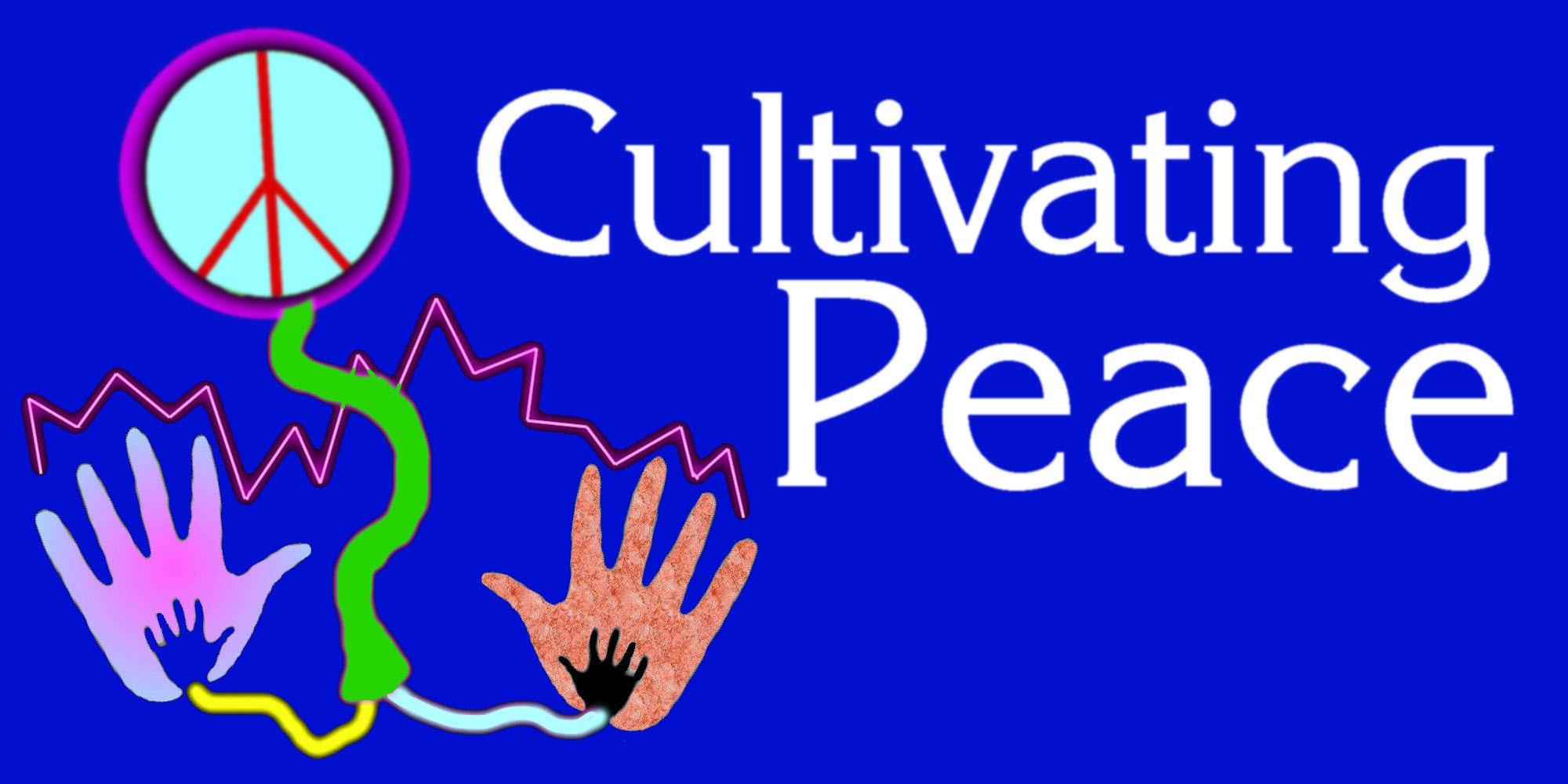 Cultivating Peace...the logo is multigenerational and includes the symbol for nuclear disarmament (circle of peace) in semiphore growing as it's cultivated.