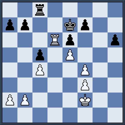   The actual position after Black's thirty-second move. Most Masters ... and many good computer programs ... feel BLACK is the one who is better here.  (eg_17_1.jpg, 25 KB)    