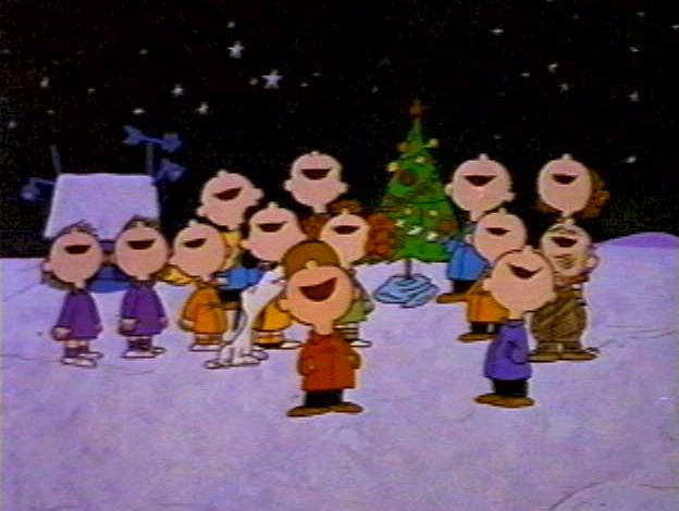 The crew from A Charlie Brown Christmas, singing Hark The Herald Angels Sing.