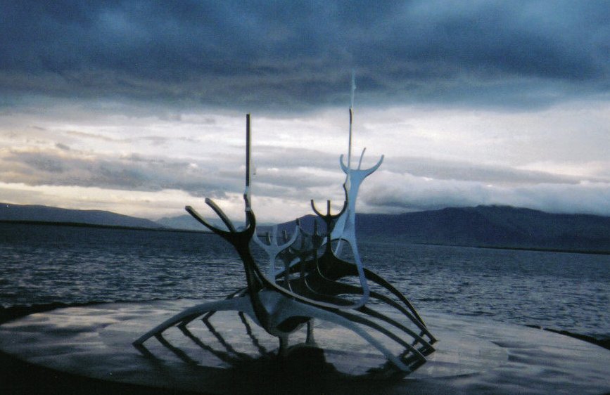 The horns of the north, sailing off to battle -- a Viking ship style sculpture in Reykjavik, Iceland, August 2003