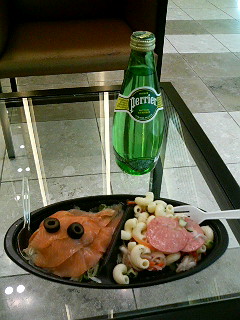 Salmon and pasta salad and Perrier bought at the Food Market Perrier at Coredo Department Store, Nihombashi, Tokyo, Japan