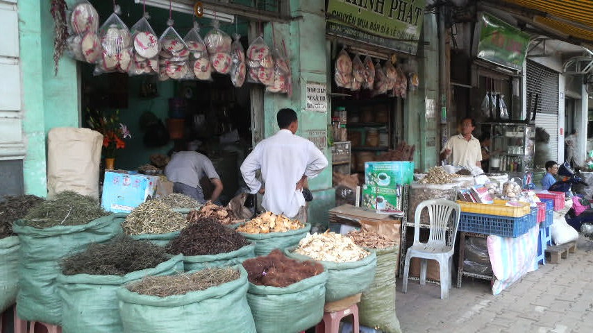 Chinese medicinal herbs for sale on a street in Cho Lon, Ho Chi Minh City, Vietnam. Picture copyright Robert Sullivan 2010.