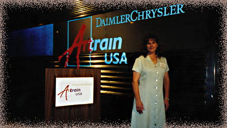 Linda in front of the Artrain at the opening in Washington D.C.   © 1999 Linda Draper