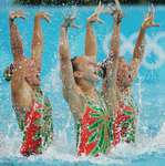 Team Canada perform in the team technical routine event at the Synchronised Swimming Pool in the Olympic Sports Complex Aquatic Centre in Athens on 26/08/2004  GETTY IMAGES/Jamie Squire 
