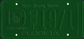 Walt Disney World, Opening, Oct 1971, Florida [ERROR 2] -- Unfinished and mis-cut plate.  Missing white paint on the lettering and border.  The right side of the plate is about  of an inch longer than normal plates.