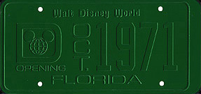 Walt Disney World, Opening, Oct 1971, Florida [ERROR 1] -- Unfinished and mis-cut plate.  Missing white paint on the lettering and border.  The right side of the plate is about 3/8ths of an inch longer than normal plates.