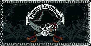 Pirates of the Caribbean, white banner with black lettering, brown and red sword handles, brown earring on center skull and brown upper tooth on center skull.