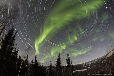 Yukon Aurora with Star Trails  Image Credit & Copyright: Yuichi Takasaka / TWAN / www.blue-moon.ca  Explanation: Fixed to a tripod, a camera can record graceful trails traced by stars as planet Earth rotates on its axis. But at high latitudes during March and April, it can also capture an aurora shimmering in the night. In fact, the weeks surrounding the equinox, in both spring and fall, offer a favorable season for aurora hunters. The possibilities are demonstrated in this beautiful moonlit vista from northwestern Canadian territory the Yukon. It was taken during the early morning of March 1, off the Klondike Highway about 60 kilometers south of Dawson City. To compose the picture, many short exposures were digitally combined to follow the concentric star trail arcs while including the greenish auroral curtains also known as the northern lights.