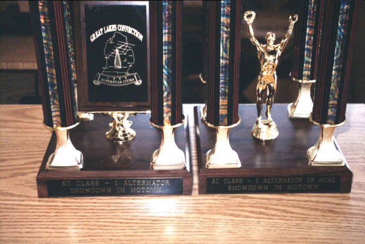 Close-up of Money's trophies at the 450 mud rack