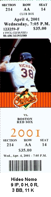 This is a picture of my ticket from the Orioles vs. Red Sox Game where Hideo Nomo threw a no-hitter!