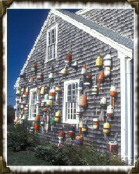 side of boathouse with buoys