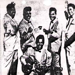 The Coasters in 1958 with fr l: Will Jones, Cornell Gunter, guitarist Adolph Jacobs, Billy Guy, and Carl Gardner.
