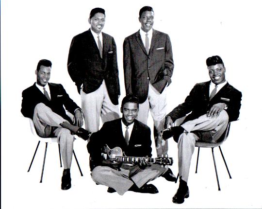 The Coasters in 1958: Billy Guy, Carl Gardner, Will "Dub" Jones, Cornell Gunter, and seated Adolph Jacobs.