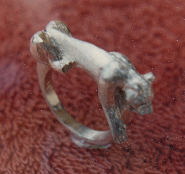 Rough yellow gold casting of hand carved jaguar ring.