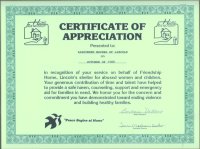 Friendship Home 1998 Certificate of Appreciation