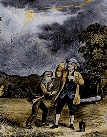 Benjamn Franklin encumbrando su famoso cometa precursor del pararrayos