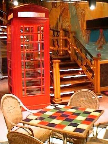 Cafe dining area with English phone box