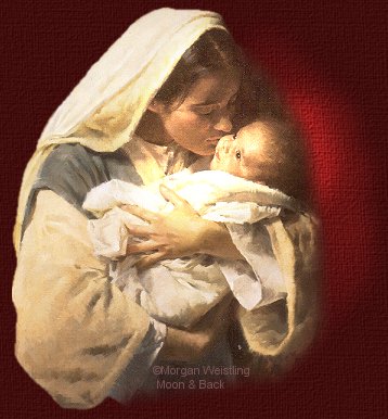 Mary holding and kissing the face of baby Jesus