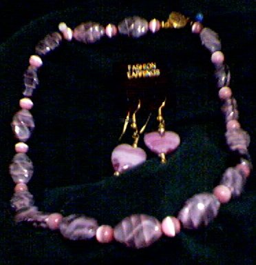 Pink/Black Necklace & Heart Earrings