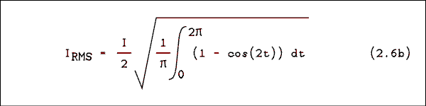  I RMS = I over 2 times the square root of 1 over pi times the integral from 0 to 2 pi of 1 minus cosine of 2t.
