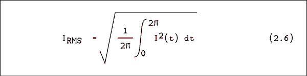  I RMS = square root of 1 over 2 pi times the integral from 0 to 2 pi of I squared of t, d t.