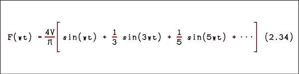  F of wt = 4 V over Pi times the quantity sin wt plus one third sin 3wt plus one fifth sin 5wt plus dot dot dot close quantity.