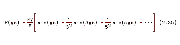  F of wt = 8V over Pi times the quantity sin wt plus 1 over 3 squared sin 3wt plus 1 over 5 squared sin 5wt plus dot dot dot close quantity.