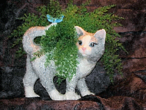 A gray/white glazed, ceramic standing cat with air fern.