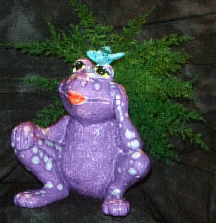 Purple-multi, ceramic, sitting frog with butterfly and air fern.