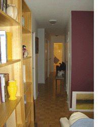 Where you're standing in the first pic, turn to your left to look down the hall past the kitchen and bedrooms, all on the right, to the bathroom at the end. Just past the end of the bookcases, left, is a coat closet, then the alcove with my apartment door, then a larger coat closet, then a broom closet, then a linen closet – four of the many reasons I took the apartment, if you remember the place in the Glebe.