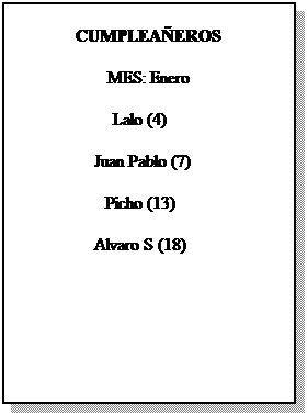 Cuadro de texto: CUMPLEAEROS
MES: Enero
Lalo (4)     
Juan Pablo (7)    
Picho (13)     
Alvaro S (18)    
 
 
 
