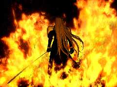 Sephiroth walking away from a burning Nibelheim