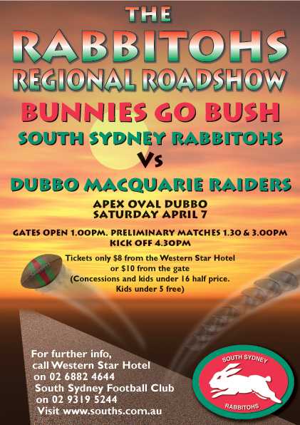 Dubbo fixture poster for the Rabbitoh Regional Roadshow series of games