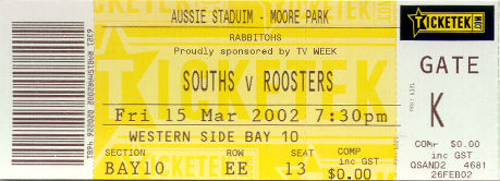 Ticket to Souths first NRL game 15.3.02 since re-instatement!