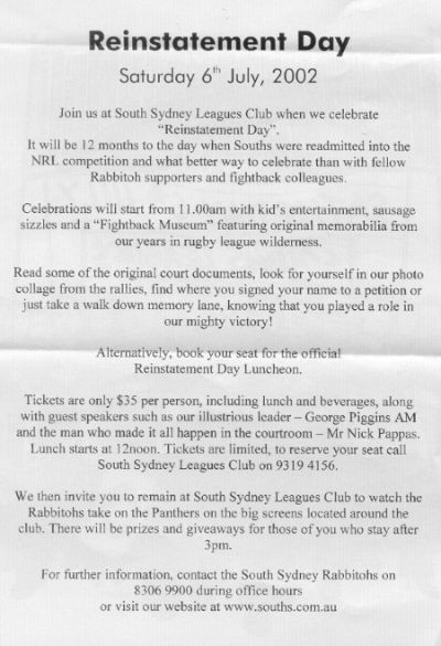 First Anniversary of our reinstatement was 6.7.02 and a great day had at the club including sausage sizzle, fight-back museum etc etc - BACK of brochure