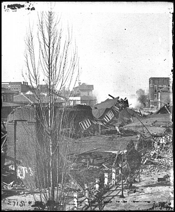 Ruins of a depot as Sherman's troops leave Atlanta.