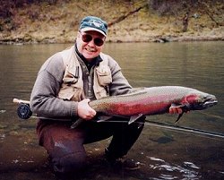 Phil Jahn with a beautiful 38 in. Steelhead caught on the South fork of the Salmon River, Idaho in 2001