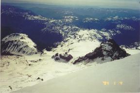 At around 13,000-13,500 ft. looking down on Little Tahoma 