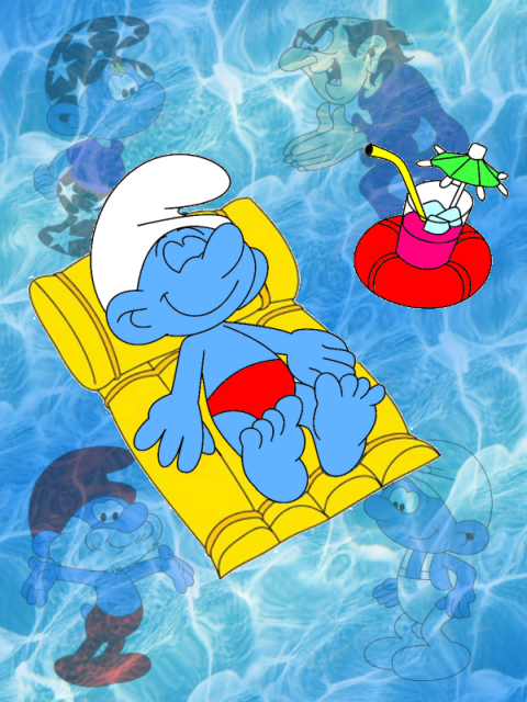 A Smurf takes it easy lying in the sun
        on a float