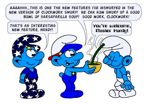 Handy shows Empath a new feature of the new and improved Clockwork Smurf.