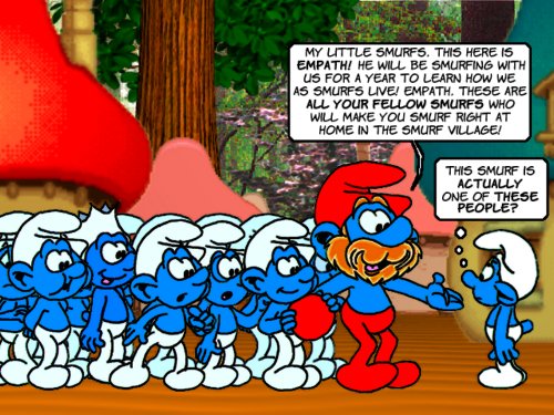 Papa Smurf introduces Empath to the other Smurfs.
