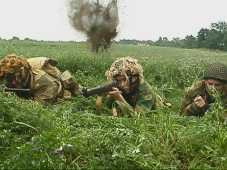 [Bill (Dan), Tommy (Brent Woods) and Carrington (Al) under fire.]