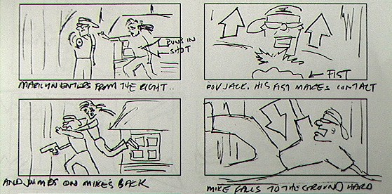 [Storyboard of the exciting boat chase sequence drawn by Erik Woods]