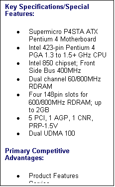 Text Box: Key Specifications/Special Features:
�	Supermicro P4STA ATX Pentium 4 Motherboard 
�	Intel 423-pin Pentium 4 PGA 1.3 to 1.5+ GHz CPU 
�	Intel 850 chipset; Front Side Bus 400MHz 
�	Dual channel 60/800MHz RDRAM 
�	Four 148pin slots for 600/800MHz RDRAM; up to 2GB 
�	5 PCI, 1 AGP, 1 CNR, PRP-1.5V 
�	Dual UDMA 100 
Primary Competitive Advantages:
�	Product Features 
�	Service 
�	Reputation 

